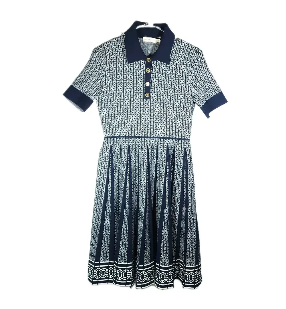 Tory Burch Gemini Link Small Knit Navy Jacquard Pleated Polo Dress NO BELT